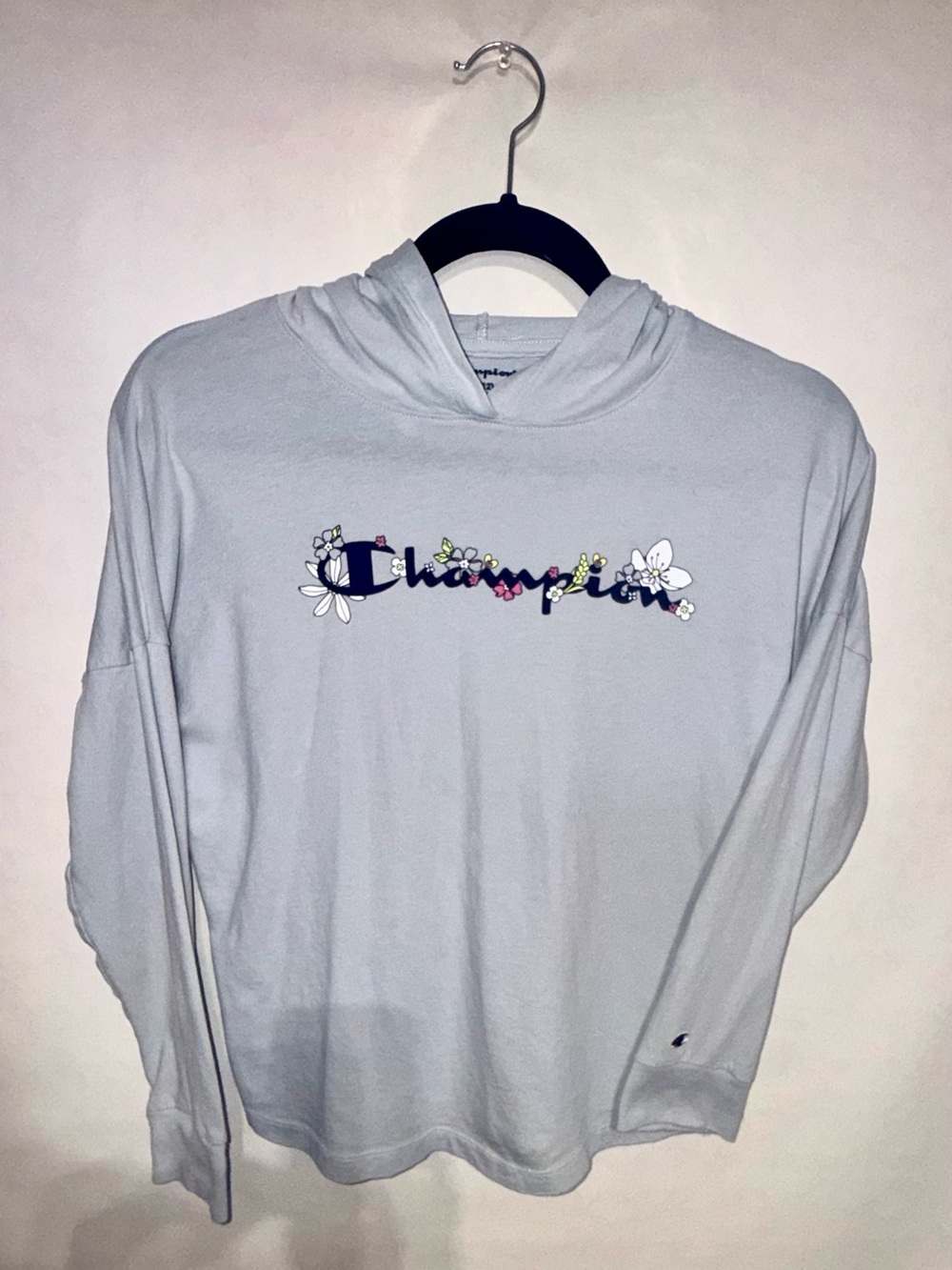 Champion GIRLS Adorable Baby Blue long Sleeve Tee with Flowers and Hood